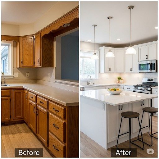 Kitchen remodel before and after transformation showing outdated 90s kitchen converted to modern elegant space with white cabinets and quartz countertops