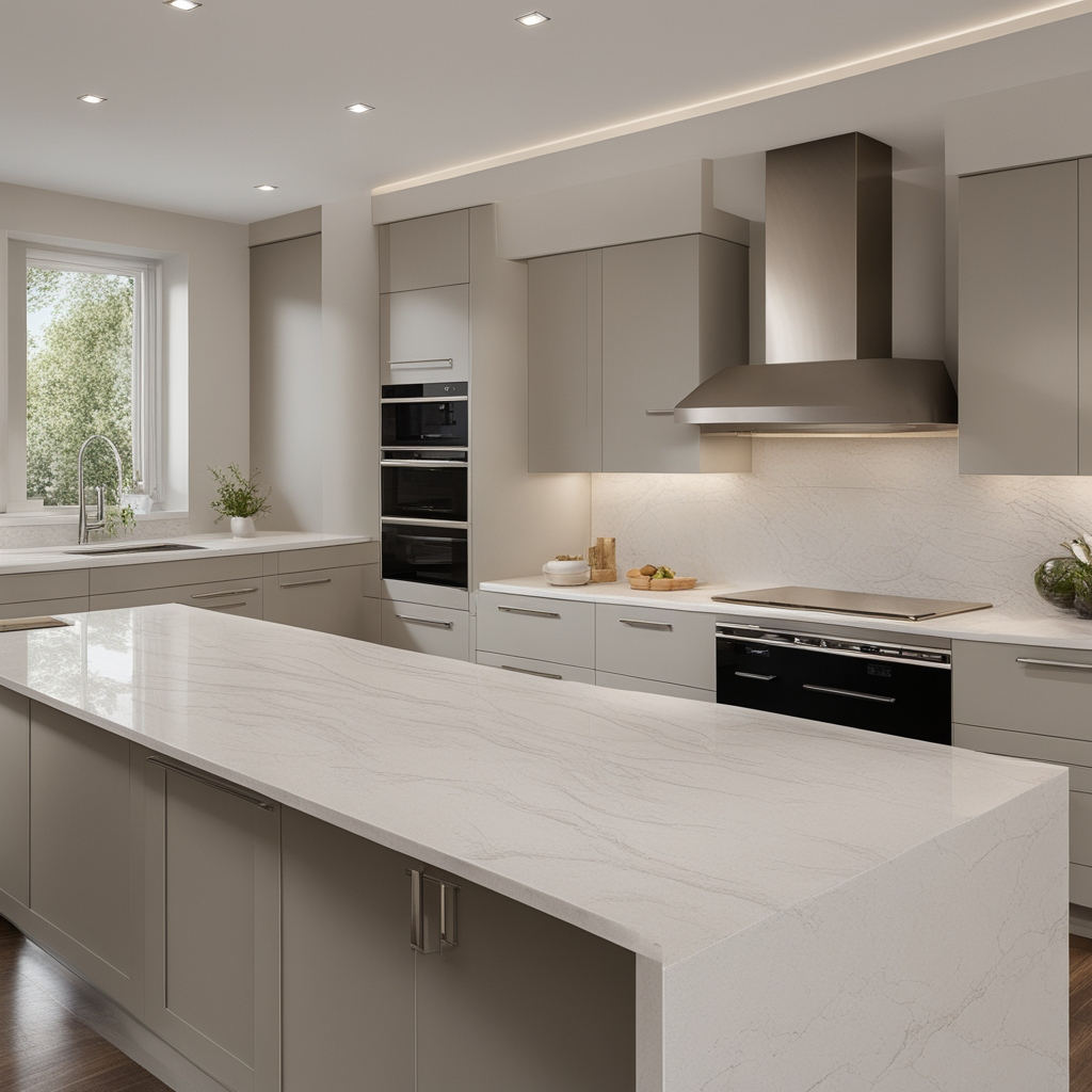Minimalist kitchen remodel with clean lines, white cabinetry, and marble island.