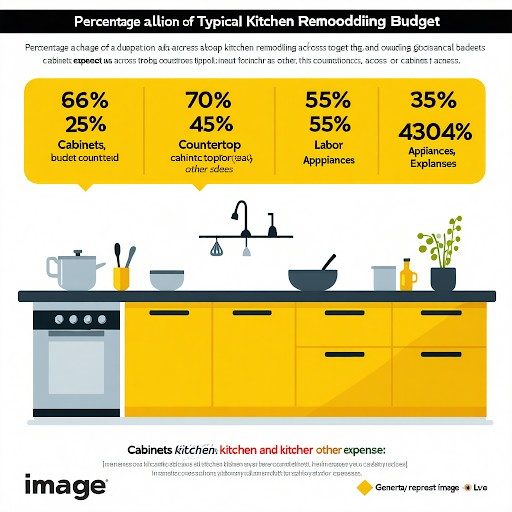 Modern kitchen remodel with budget breakdown chart showing typical cost allocation 