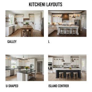 Modern kitchen layouts showcasing different design configurations including galley, L-shaped, and U-shaped kitchen layouts with functional workspace and storage solutions