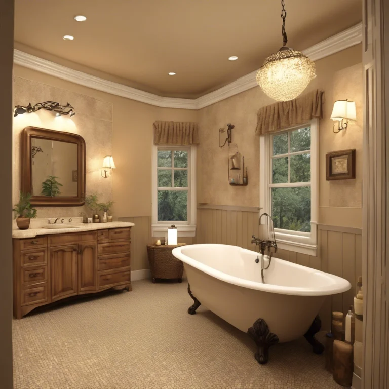 Elegant traditional-style bathroom with a freestanding tub, chandelier lighting, and wooden vanity cabinets.