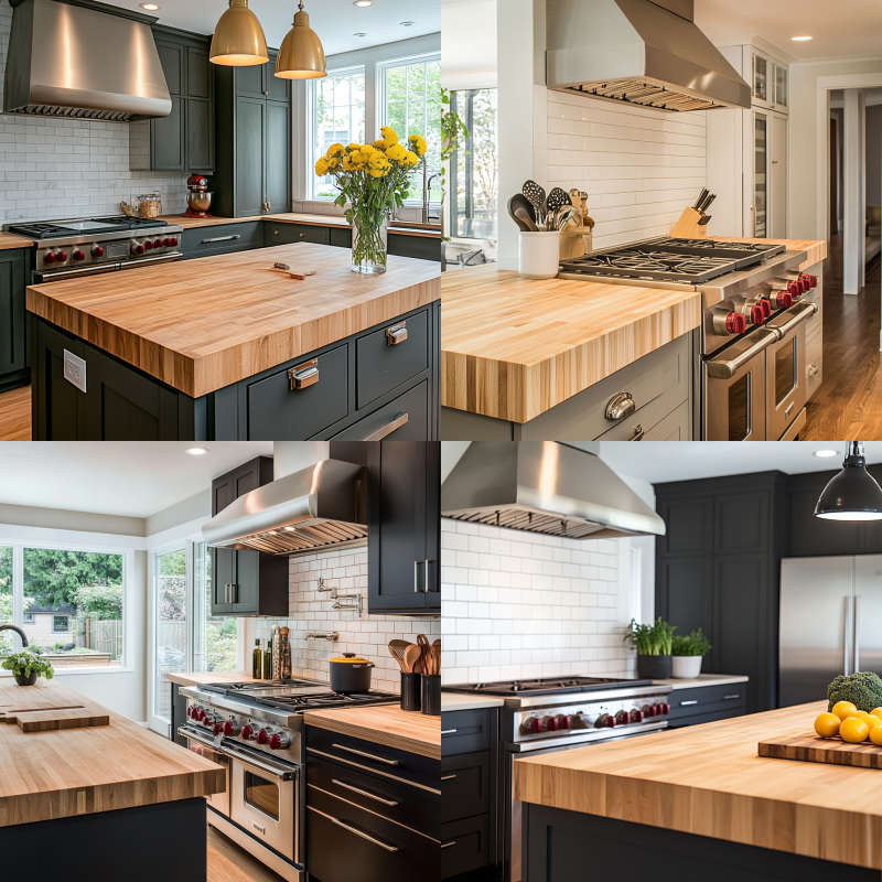 Stainless steel range and prep station in a chef-inspired kitchen