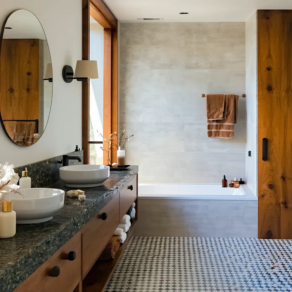 Modern bathroom featuring wood accents, stone countertop, and patterned tile floor