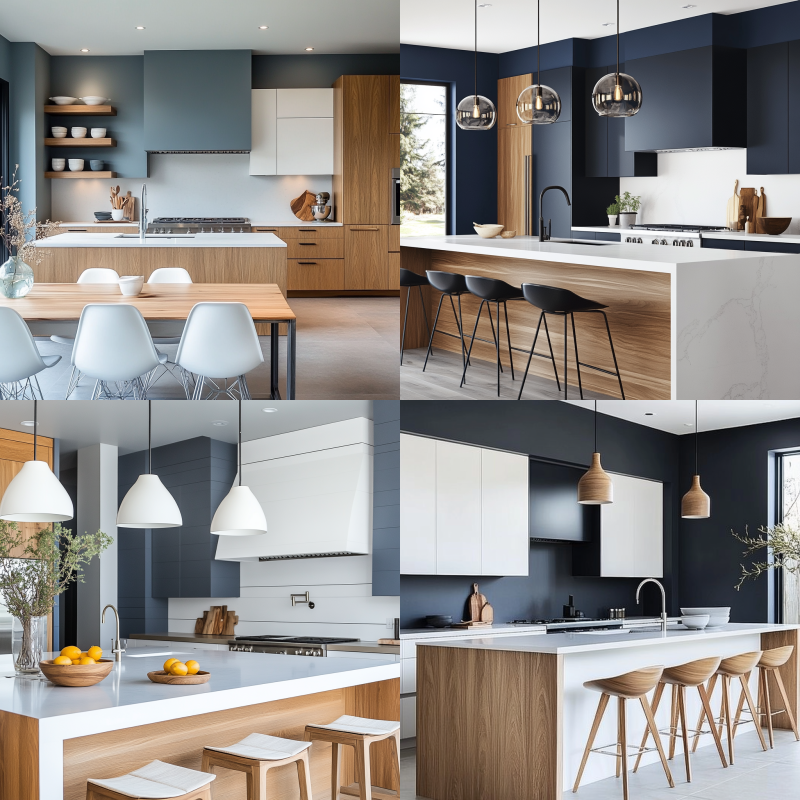 Best paint colors for a modern kitchen remodel, featuring a sleek white and grey design with natural wood accents.