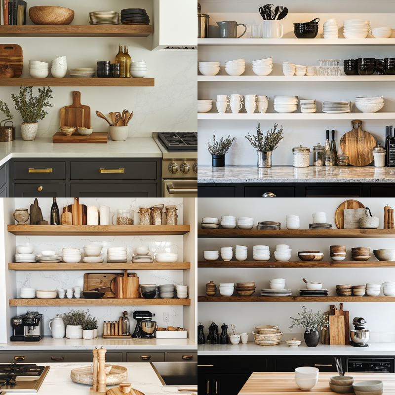 Open shelving in kitchen remodel showcasing modern design and organization