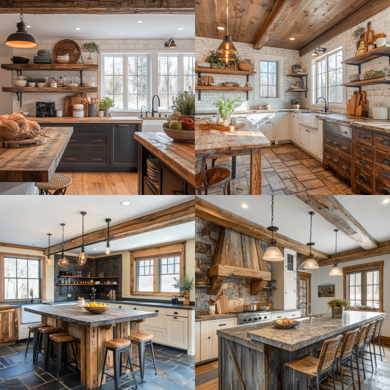 Warm-toned rustic kitchen with wooden cabinets and vintage lighting