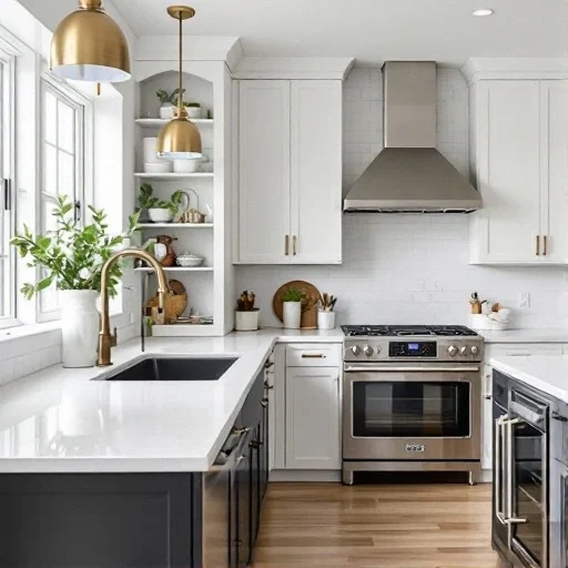 Modern kitchen with quartz countertops, smart appliances, and matte black fixtures