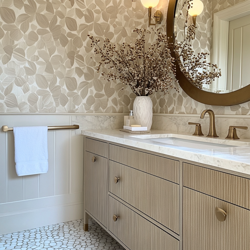 Modern bathroom featuring stylish wallpaper with bold patterns and textures.