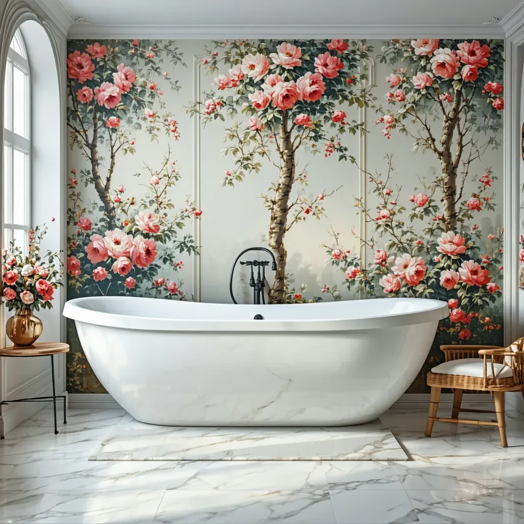 right bathroom with floral wall mural, modern bathtub, and arched window.