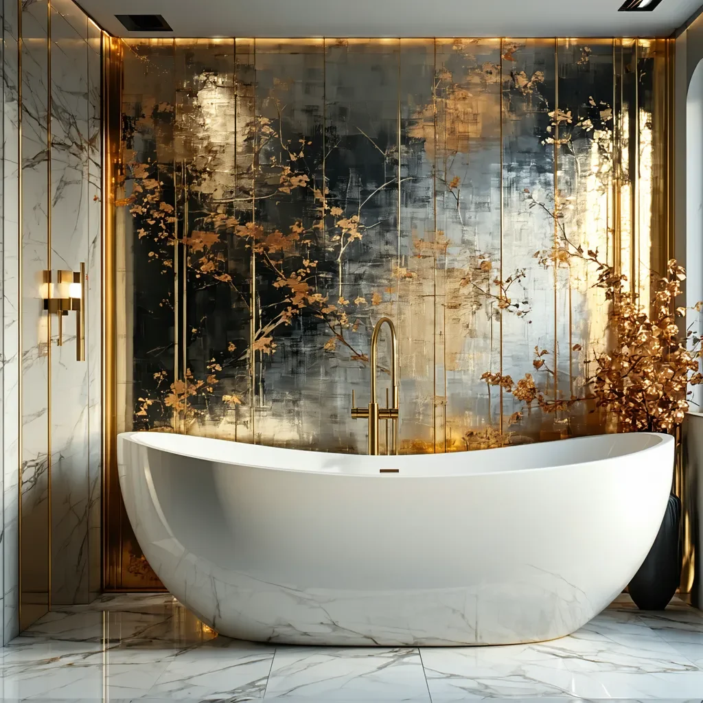 Bathroom with gold floral wallpaper, marble floors, and white soaking tub.