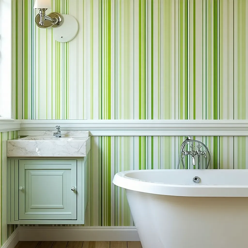 Fresh bathroom with green striped wallpaper, light green vanity, and classic tub.