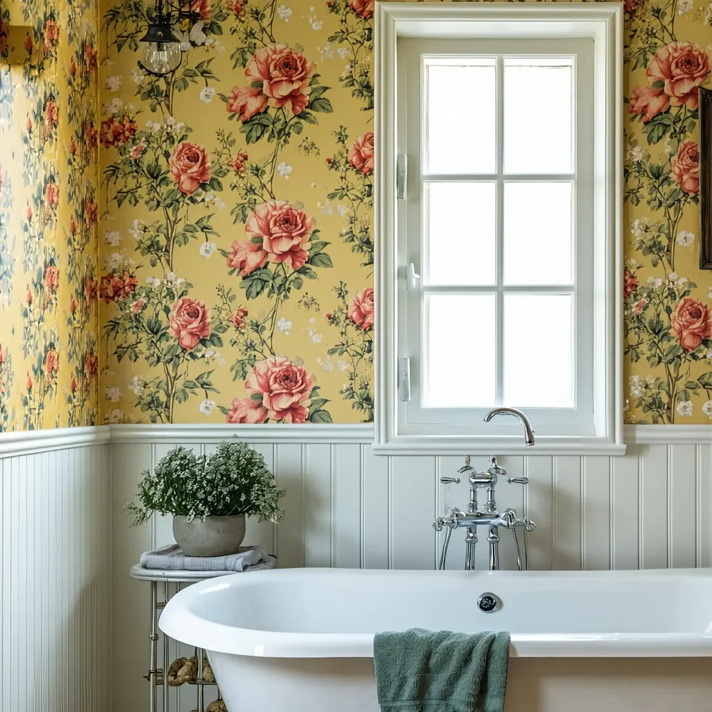 Vintage-inspired bathroom with floral wallpaper, clawfoot tub, and classic fixtures.