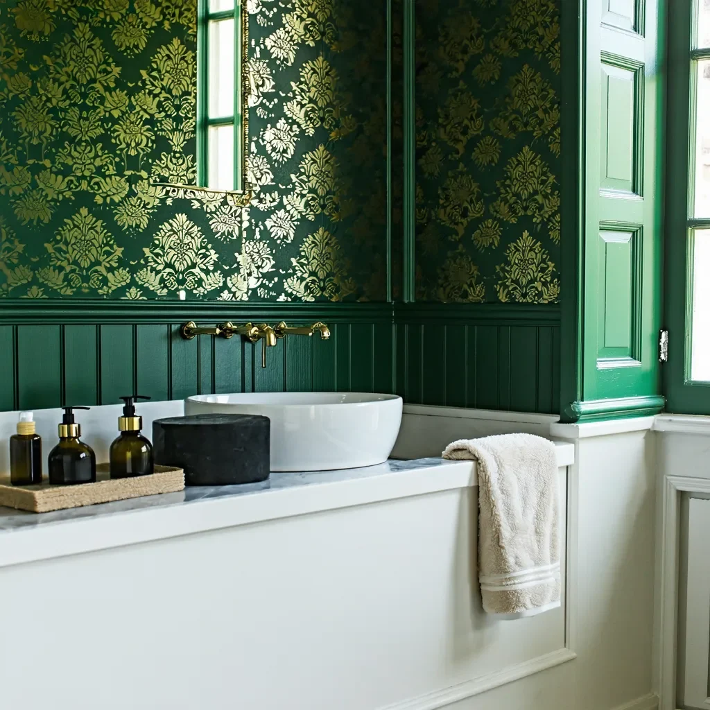 Dark green bathroom with ornate gold wallpaper, paneling, and a white vessel sink.