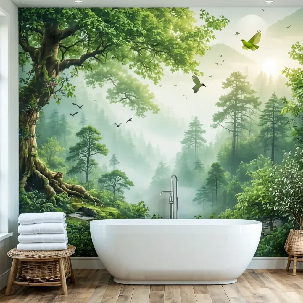 Bathroom with forest wallpaper, freestanding tub, and wood floor.