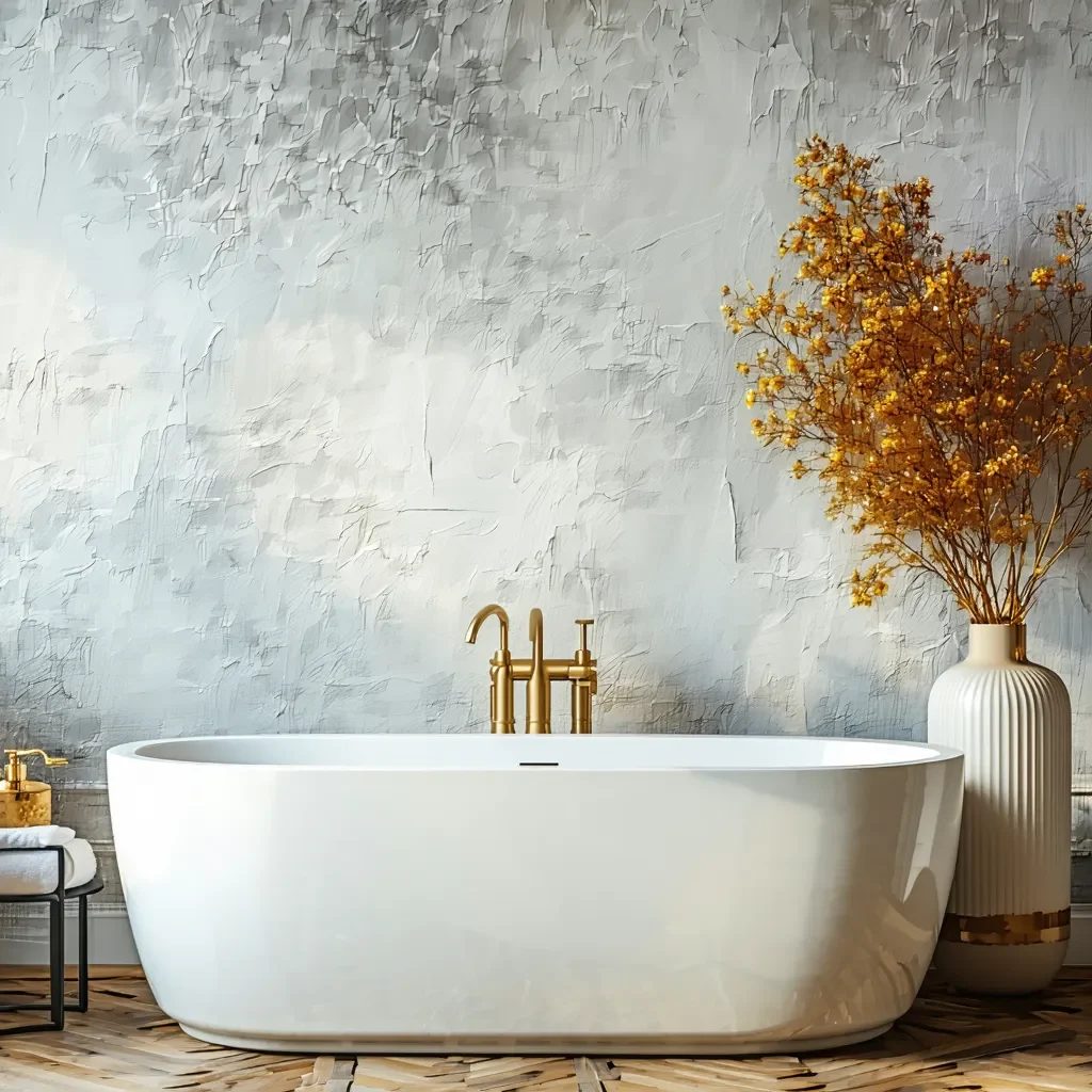 Modern bathroom with textured wallpaper, freestanding tub, and wood floors.
