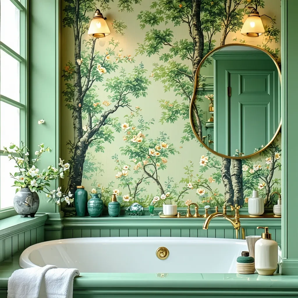 Elegant green bathroom with botanical wallpaper, soaking tub, and gold accents.
