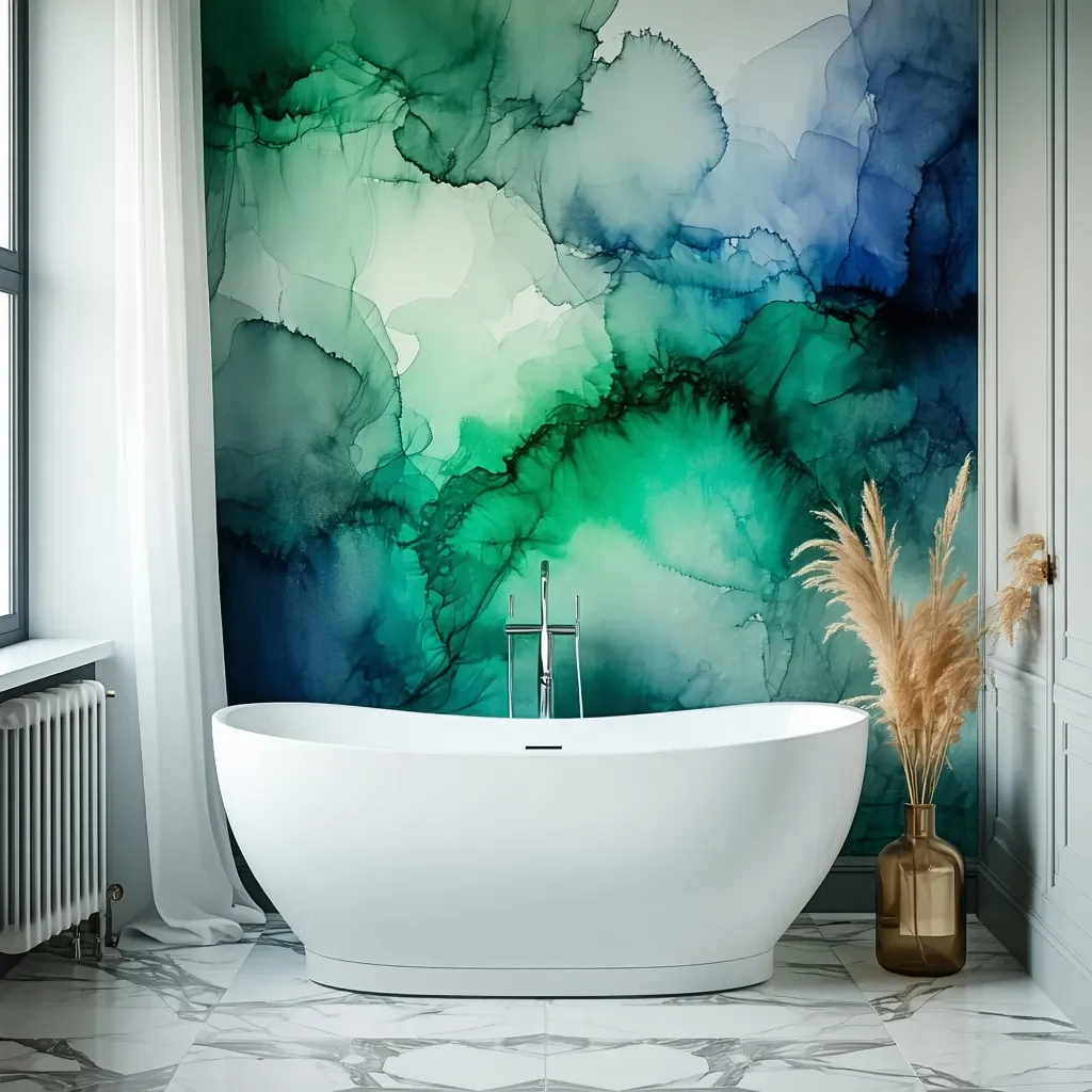 Bathroom with abstract wallpaper, marble floors, and a soaking tub.
