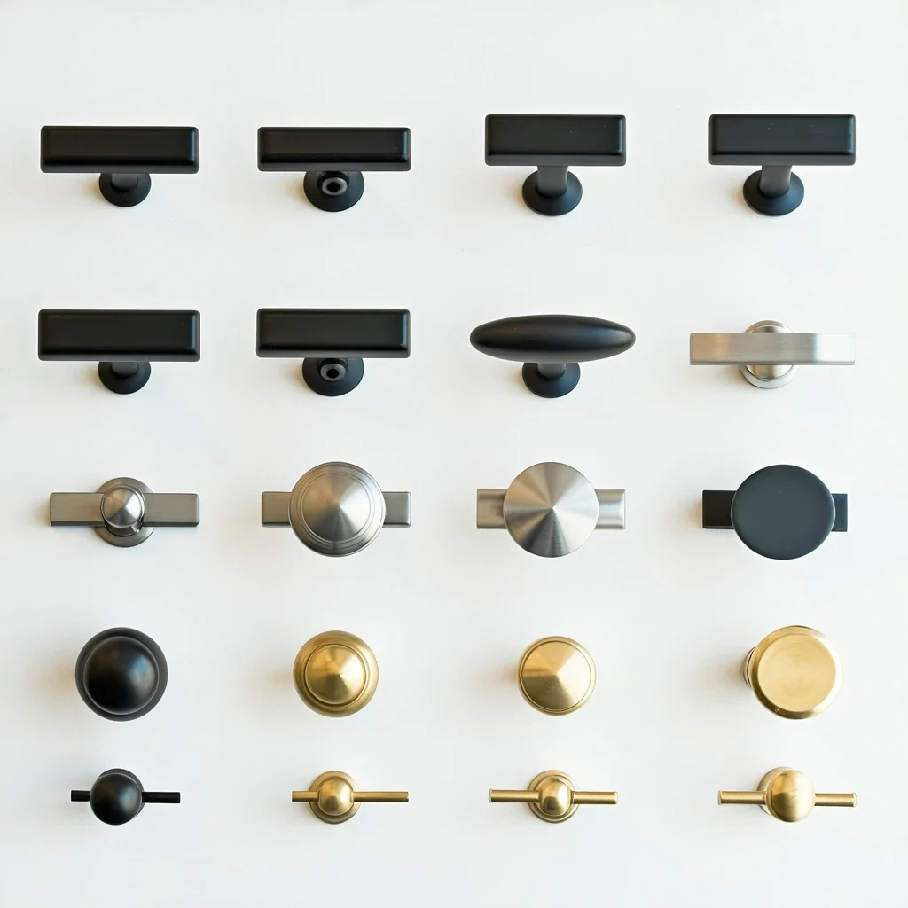 Various kitchen cabinet handles and knobs in different styles and finishes