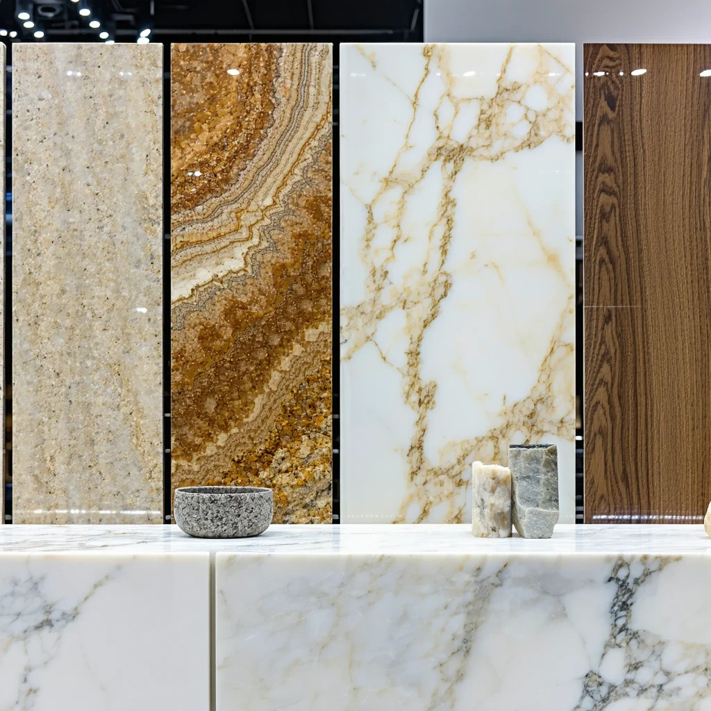 Variety of kitchen countertop materials, including granite, quartz, and butcher block