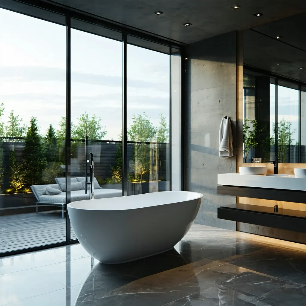 Luxury bathroom with a white freestanding tub near large windows