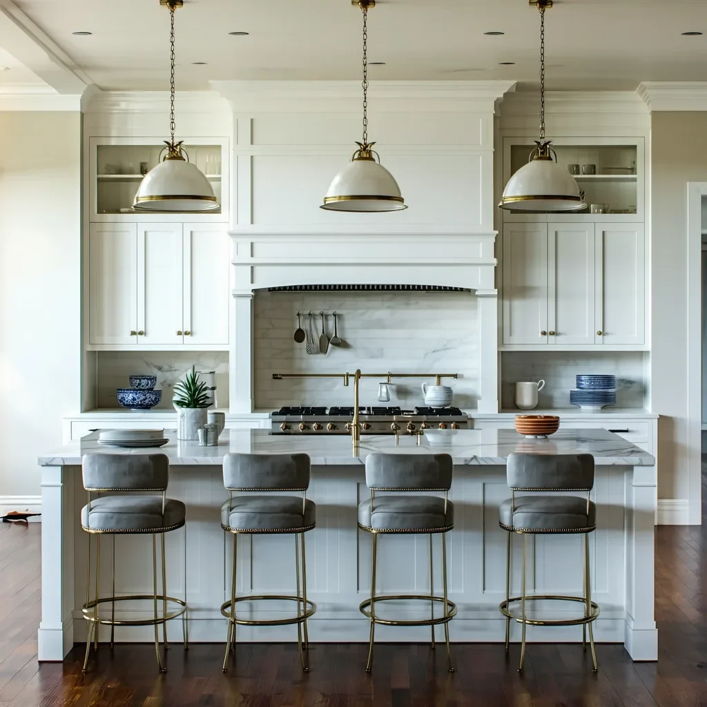 Modern kitchen with a central island featuring seating and storage