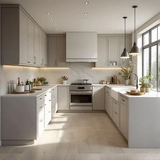 Modern kitchen remodel with white cabinets and stainless steel appliances