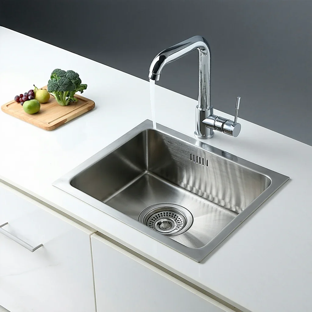 Small stainless steel bar or prep sink with faucet and vegetables.