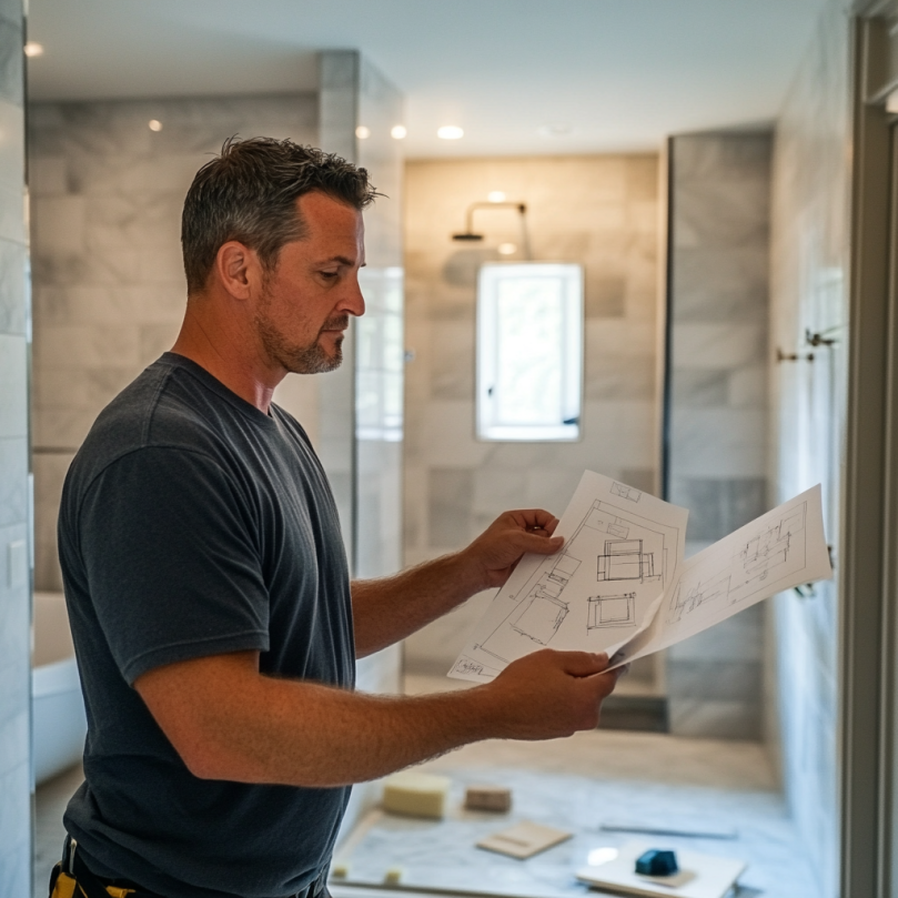 Woman looking at blueprints in a partially remodeled bathroom