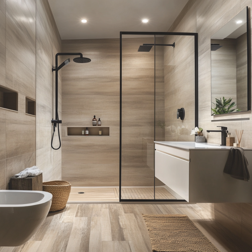 Waterproof bathroom flooring with wood-look tiles and walk-in shower
