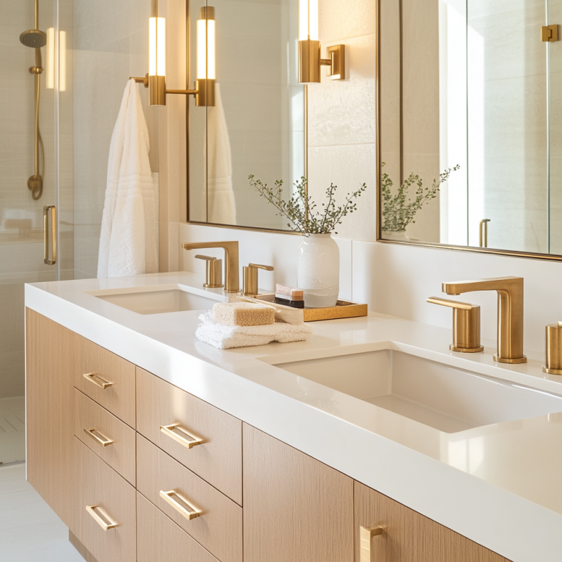 Stylish bathroom vanity with double sinks and storage drawers