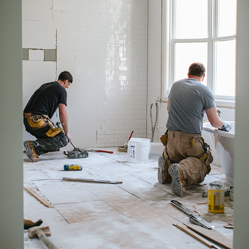 Homeowner and professional remodeling a bathroom