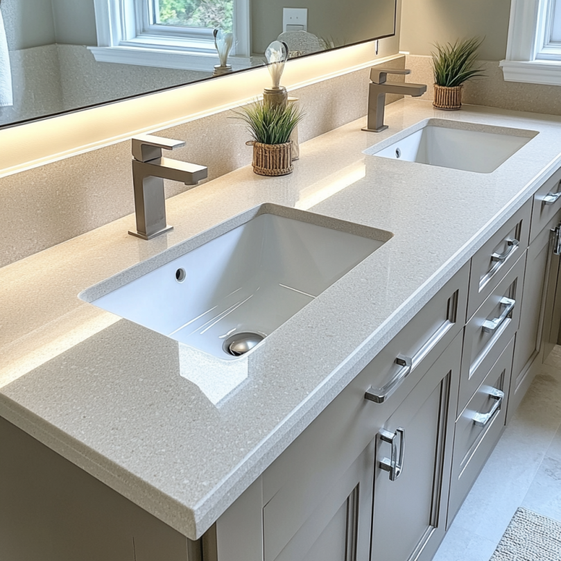 Contemporary bathroom featuring a double sink vanity with wall-mounted mirrors