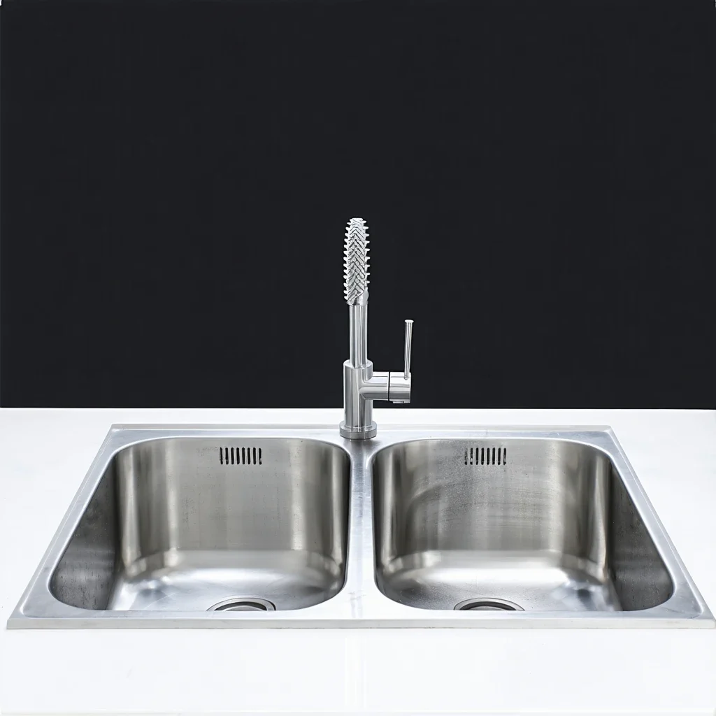  Stainless steel double-bowl kitchen sink with a modern faucet.