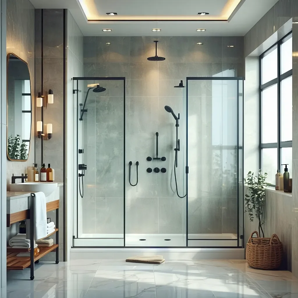 Elegant modern bathroom with marble floors, frameless shower, and minimalist vanity.
