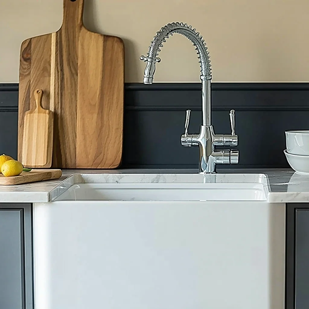 White farmhouse apron-front sink with a chrome faucet.