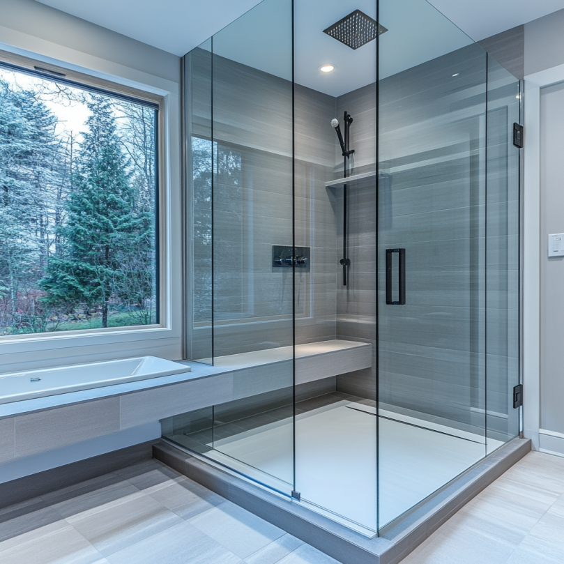Elegant bathroom featuring a frameless glass shower enclosure