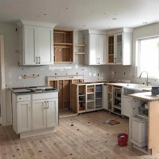 Kitchen undergoing renovation, showing incomplete cabinetry and exposed walls.