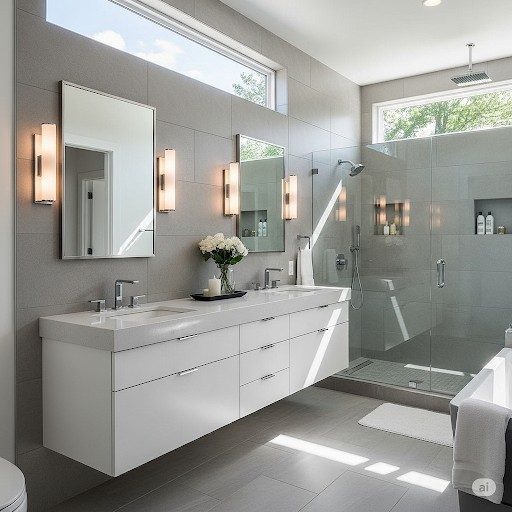 Modern bathroom remodel featuring floating vanity, large format tiles, and clean minimalist design with natural lighting