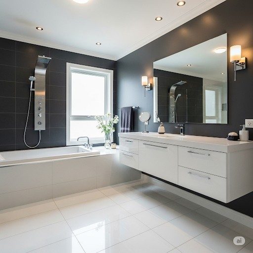 Modern bathroom remodeling design featuring white floating vanity, large mirror, and stylish lighting fixtures