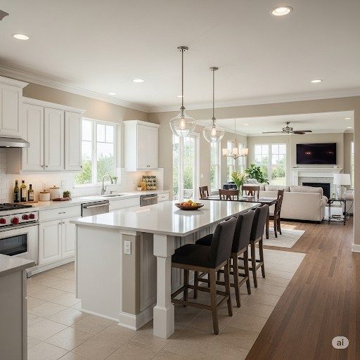 Modern family kitchen with large island, open concept design, and multiple zones for cooking, homework, and family gathering