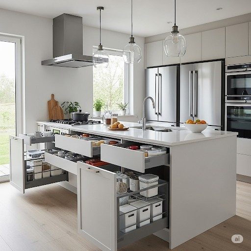 Modern organized kitchen after remodel with efficient storage zones and clear countertops showcasing post-remodel organization