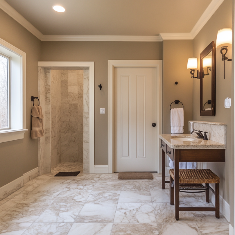Modern accessible bathroom remodel with features like grab bars, roll-in shower, and wide doorways