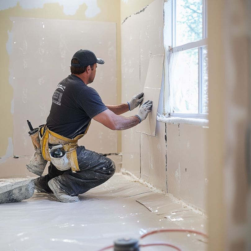 Worker applying waterproofing membrane on bathroom walls during remodel