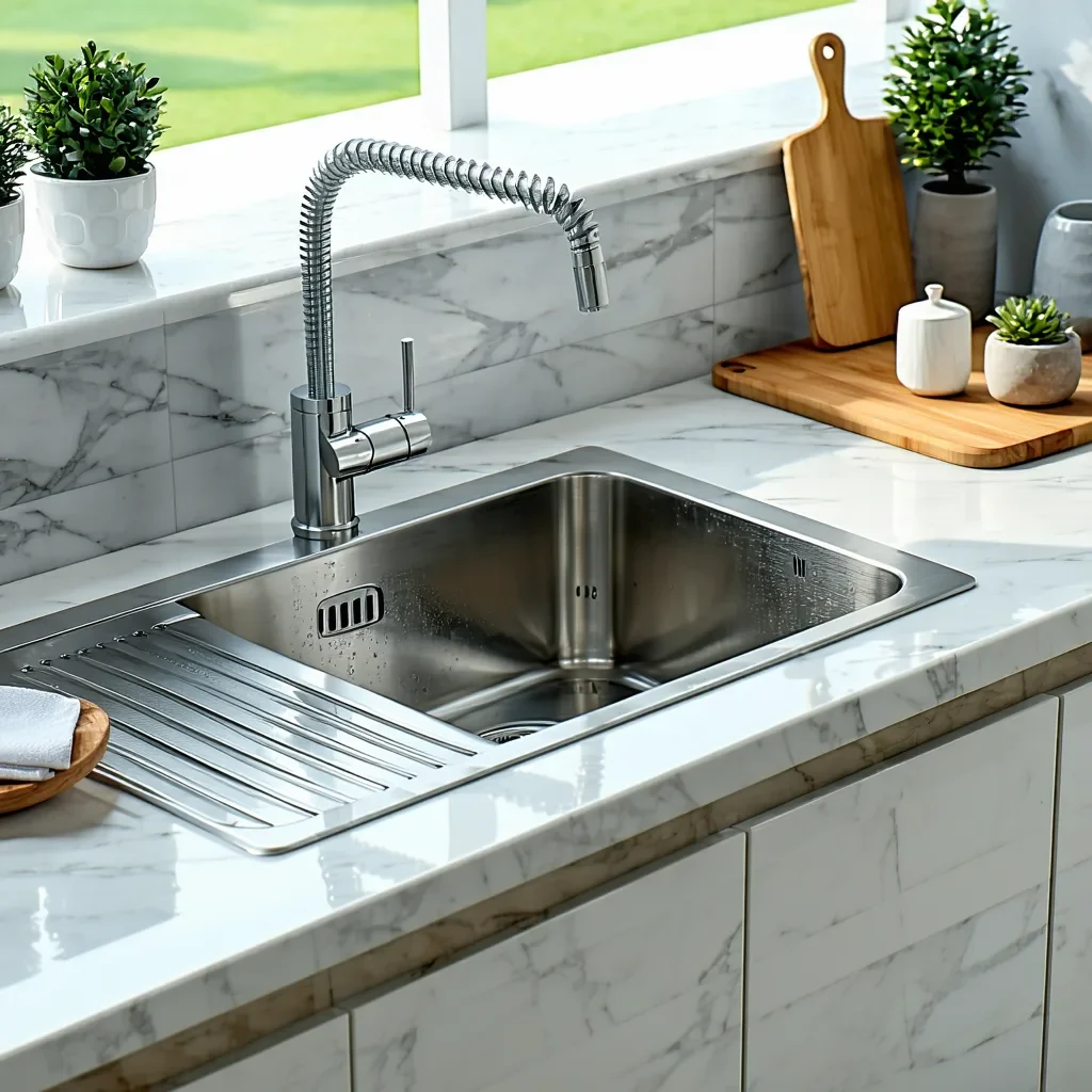 Modern single bowl kitchen sink with drainboard and spring faucet.