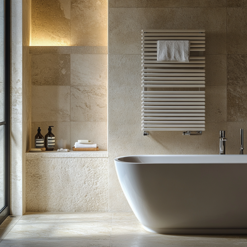 Modern bathroom with a sleek towel warmer installed for added comfort and style