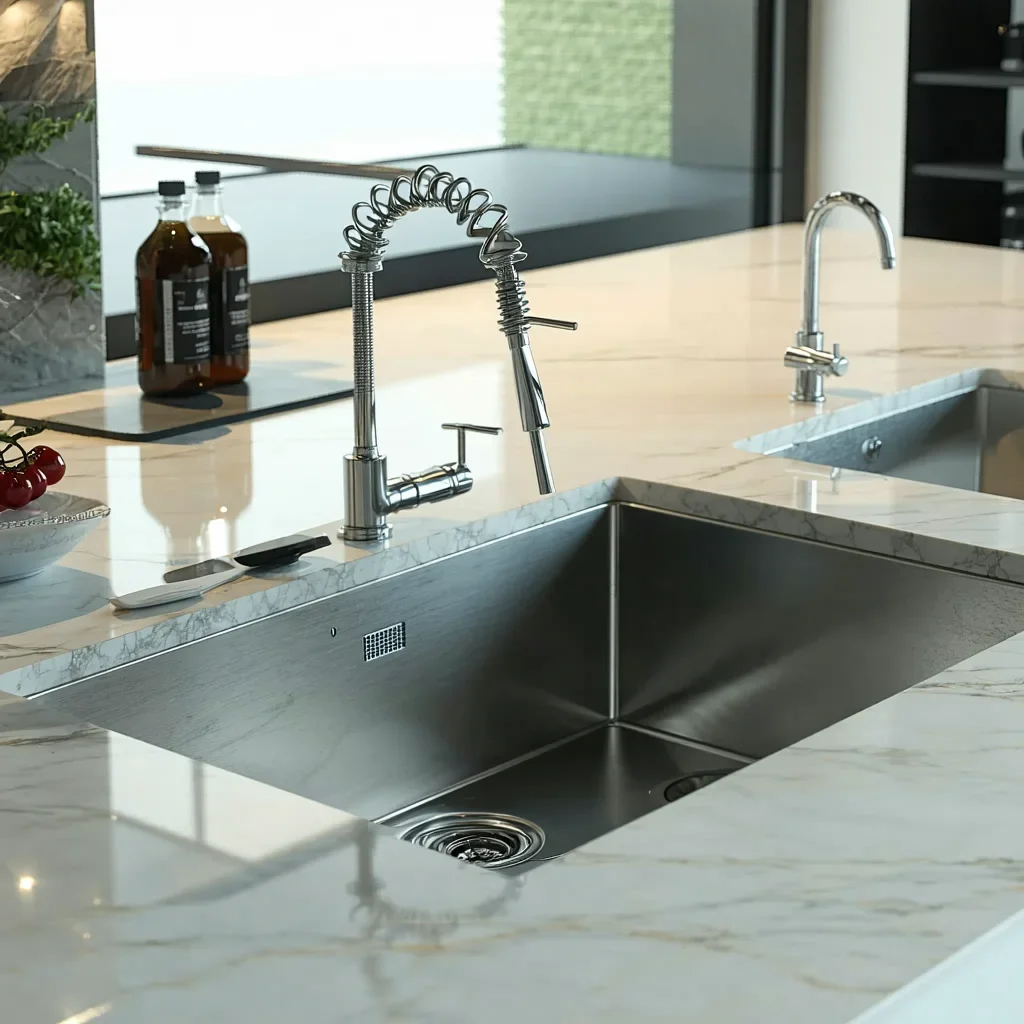  Stainless steel undermount sink with a high-arc faucet.