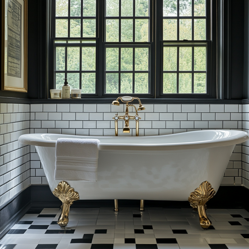 Vintage bathroom with clawfoot tub, checkered tile floor, and antique vanity