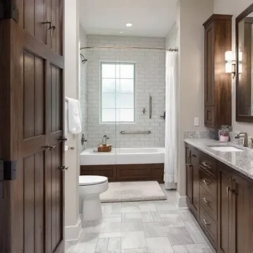 Accessible bathroom with roll-in shower and grab bars