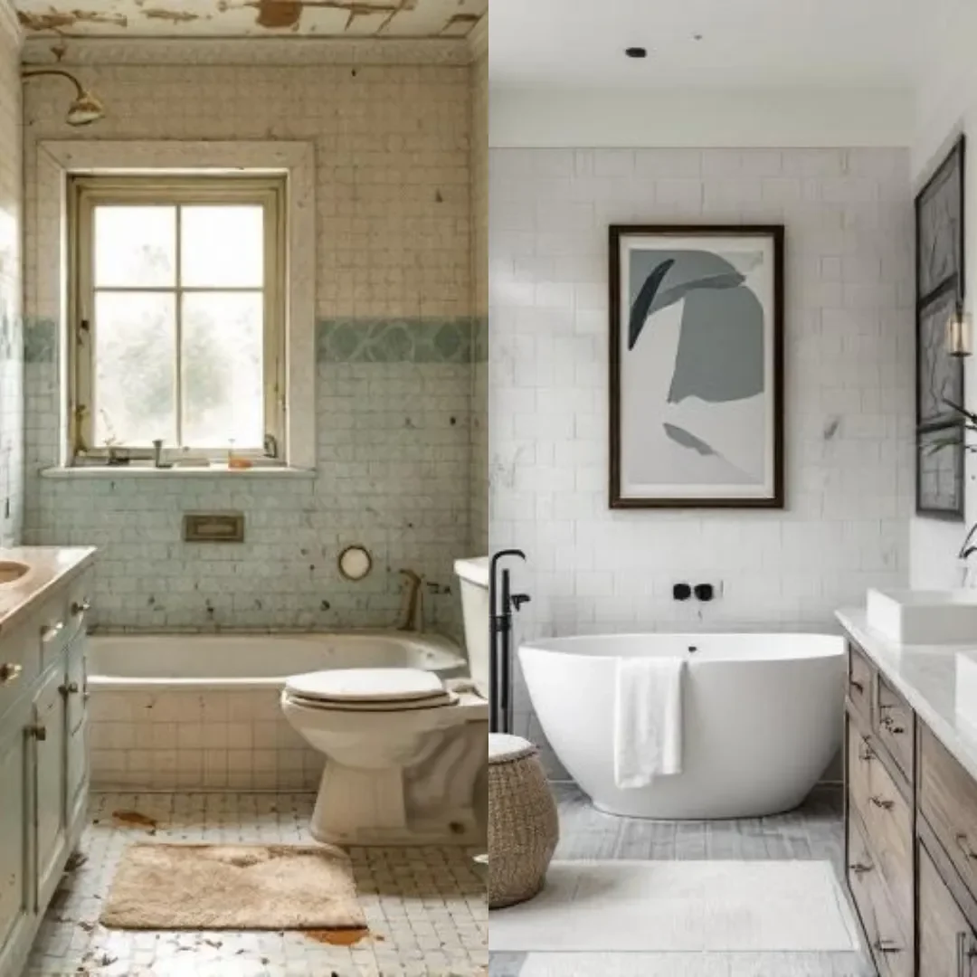Side-by-side view contrasting common bathroom renovation mistakes with a well-executed remodel.