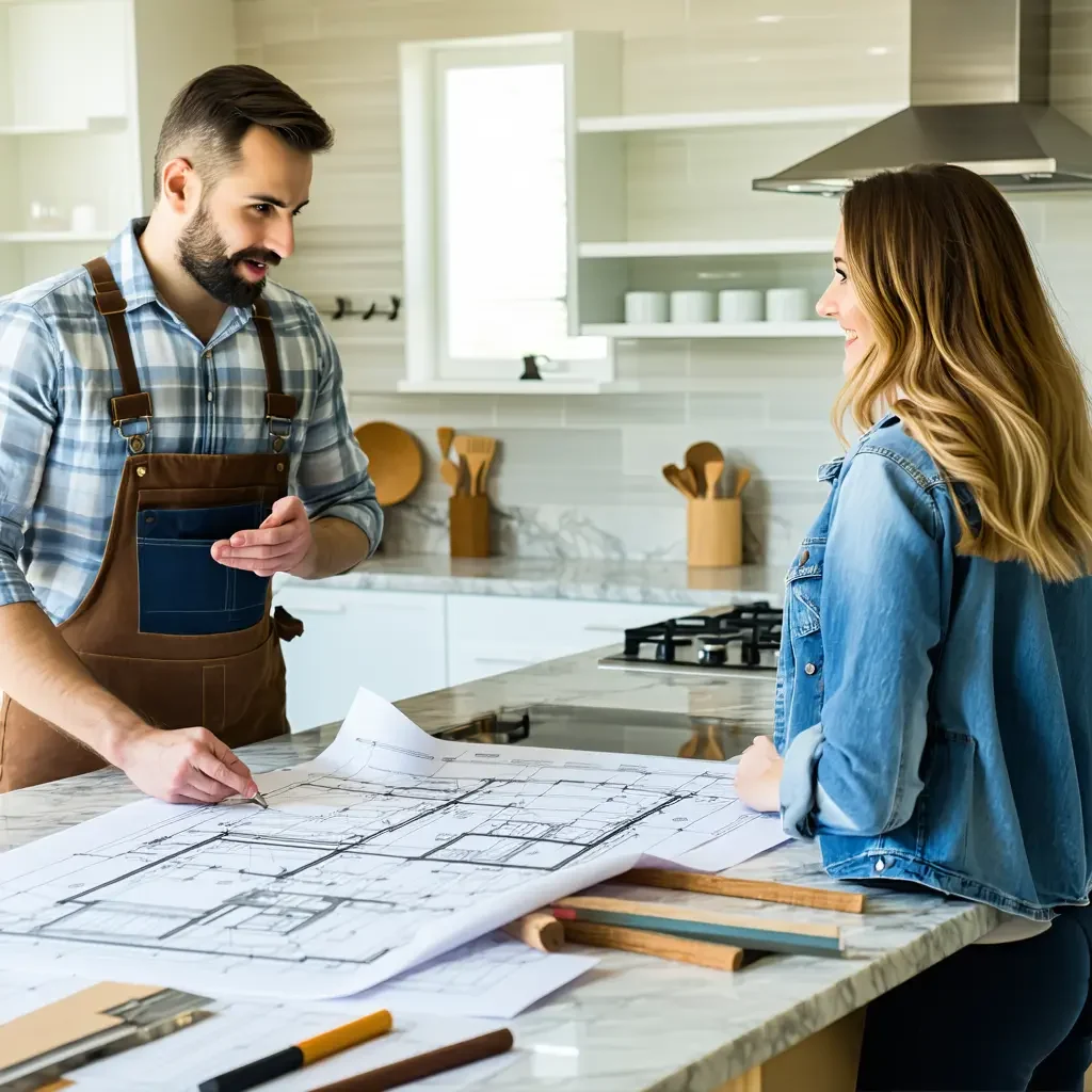 Woman discussing design plans with a contractor in a kitchen.